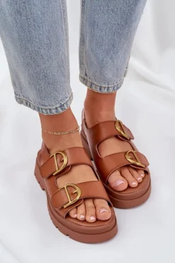 Boto Sandały Płaskie*Eko Skórzane Sandały Z Klamrami Camel Vulinea