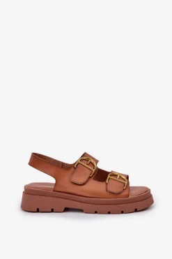 Boto Sandały Płaskie*Eko Skórzane Sandały Z Klamrami Camel Vulinea