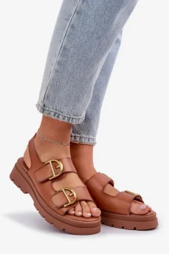 Boto Sandały Płaskie*Eko Skórzane Sandały Z Klamrami Camel Vulinea