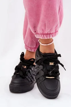 Damskie Boto Eko Skórzane Sneakersy Na Platformie Czarne Penolle