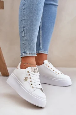 Damskie Boto Eko Skórzane Sneakersy Na Platformie Ze Złotym Detalem Biało-Beżowe Zingie