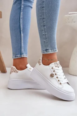 Damskie Boto Eko Skórzane Sneakersy Na Platformie Ze Złotym Detalem Biało-Beżowe Zingie