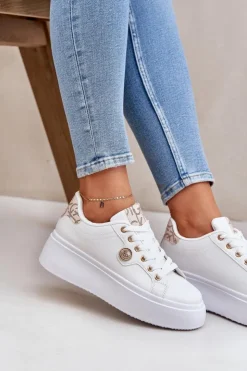 Damskie Boto Eko Skórzane Sneakersy Na Platformie Ze Złotym Detalem Biało-Beżowe Zingie