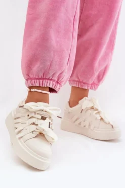 Boto Buty Sportowe Na Platformie|Sneakersy Damskie*Eko Skórzane Sneakersy Na Platformie Beżowe Penolle Beżowy