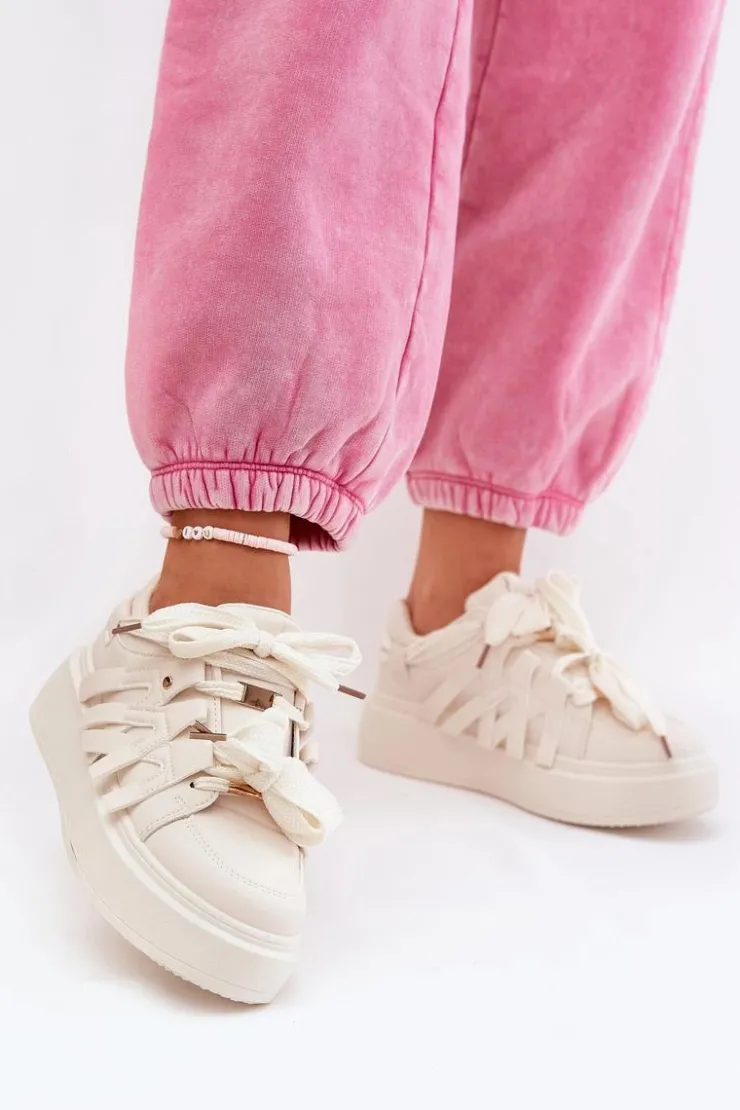 Boto Buty Sportowe Na Platformie|Sneakersy Damskie*Eko Skórzane Sneakersy Na Platformie Beżowe Penolle Beżowy