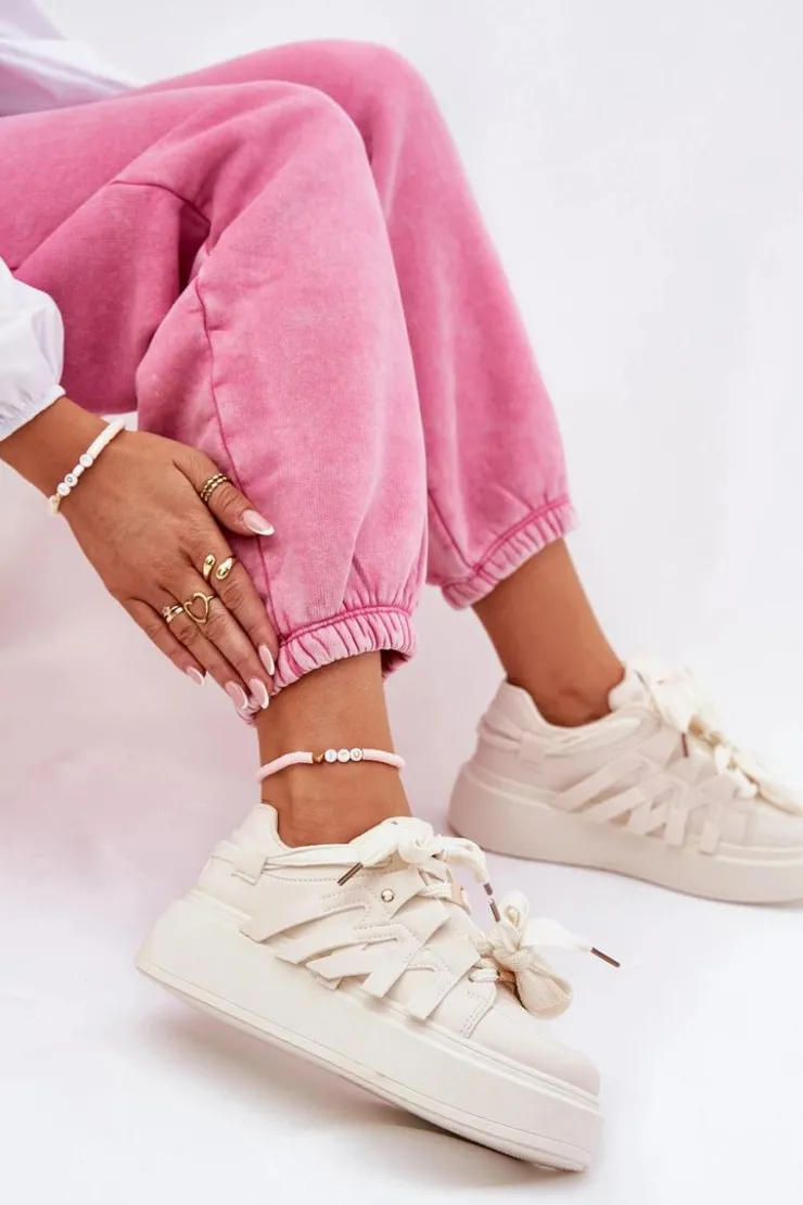 Boto Buty Sportowe Na Platformie|Sneakersy Damskie*Eko Skórzane Sneakersy Na Platformie Beżowe Penolle Beżowy