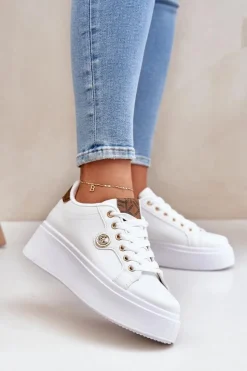 Discount Boto Eko Skórzane Sneakersy Na Platformie Ze Złotym Detalem Biało-Brązowe Zingie