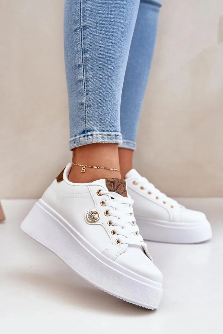 Discount Boto Eko Skórzane Sneakersy Na Platformie Ze Złotym Detalem Biało-Brązowe Zingie