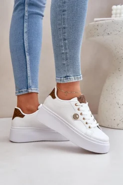 Discount Boto Eko Skórzane Sneakersy Na Platformie Ze Złotym Detalem Biało-Brązowe Zingie