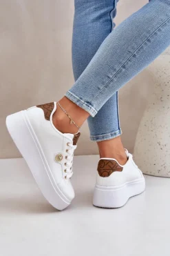 Discount Boto Eko Skórzane Sneakersy Na Platformie Ze Złotym Detalem Biało-Brązowe Zingie