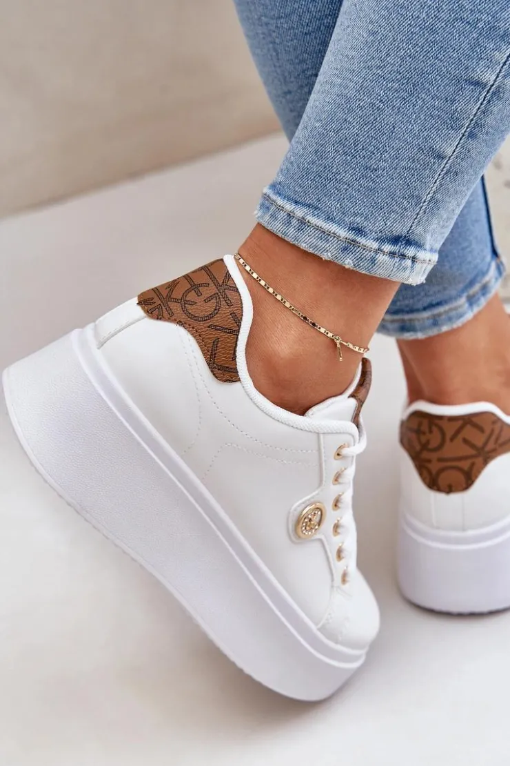 Discount Boto Eko Skórzane Sneakersy Na Platformie Ze Złotym Detalem Biało-Brązowe Zingie