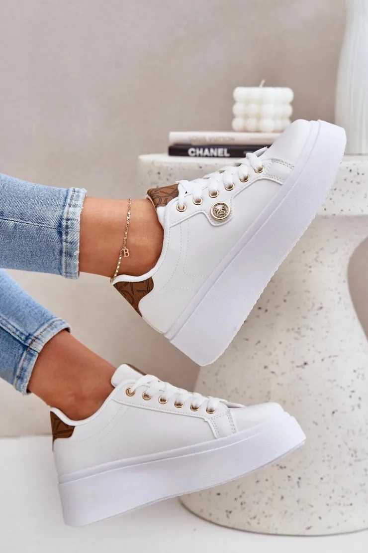 Discount Boto Eko Skórzane Sneakersy Na Platformie Ze Złotym Detalem Biało-Brązowe Zingie