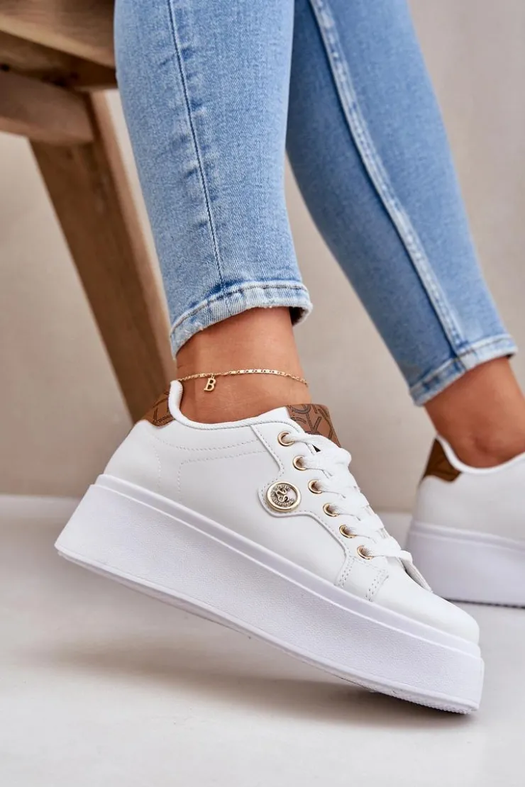 Discount Boto Eko Skórzane Sneakersy Na Platformie Ze Złotym Detalem Biało-Brązowe Zingie