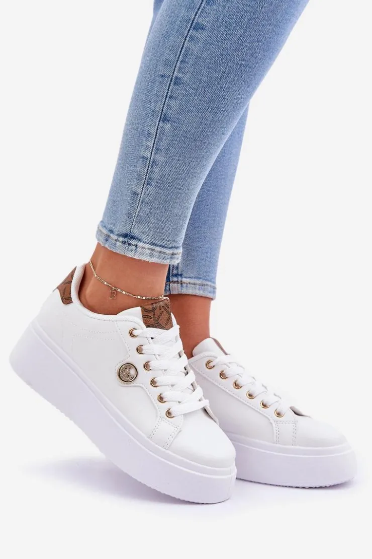 Discount Boto Eko Skórzane Sneakersy Na Platformie Ze Złotym Detalem Biało-Brązowe Zingie