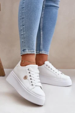 Damskie Boto Eko Skórzane Sneakersy Na Platformie Ze Złotym Detalem Białe Zingie