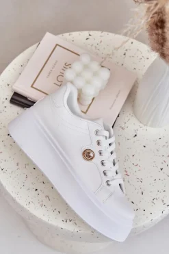 Damskie Boto Eko Skórzane Sneakersy Na Platformie Ze Złotym Detalem Białe Zingie