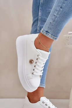 Damskie Boto Eko Skórzane Sneakersy Na Platformie Ze Złotym Detalem Białe Zingie