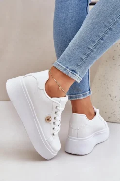 Damskie Boto Eko Skórzane Sneakersy Na Platformie Ze Złotym Detalem Białe Zingie