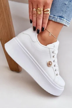 Damskie Boto Eko Skórzane Sneakersy Na Platformie Ze Złotym Detalem Białe Zingie