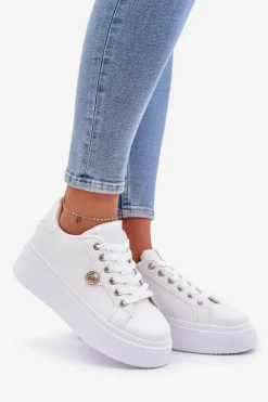 Damskie Boto Eko Skórzane Sneakersy Na Platformie Ze Złotym Detalem Białe Zingie