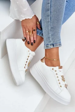 Boto Buty Sportowe Na Platformie|Sneakersy Damskie*Eko Skórzane Sneakersy Z Przypinkami Biało-Złote Enalirae