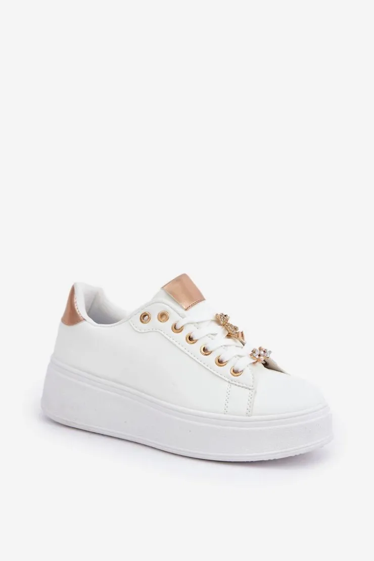 Boto Buty Sportowe Na Platformie|Sneakersy Damskie*Eko Skórzane Sneakersy Z Przypinkami Biało-Złote Enalirae
