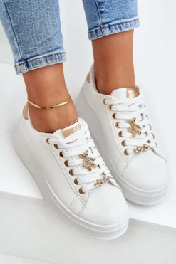 Boto Buty Sportowe Na Platformie|Sneakersy Damskie*Eko Skórzane Sneakersy Z Przypinkami Biało-Złote Enalirae