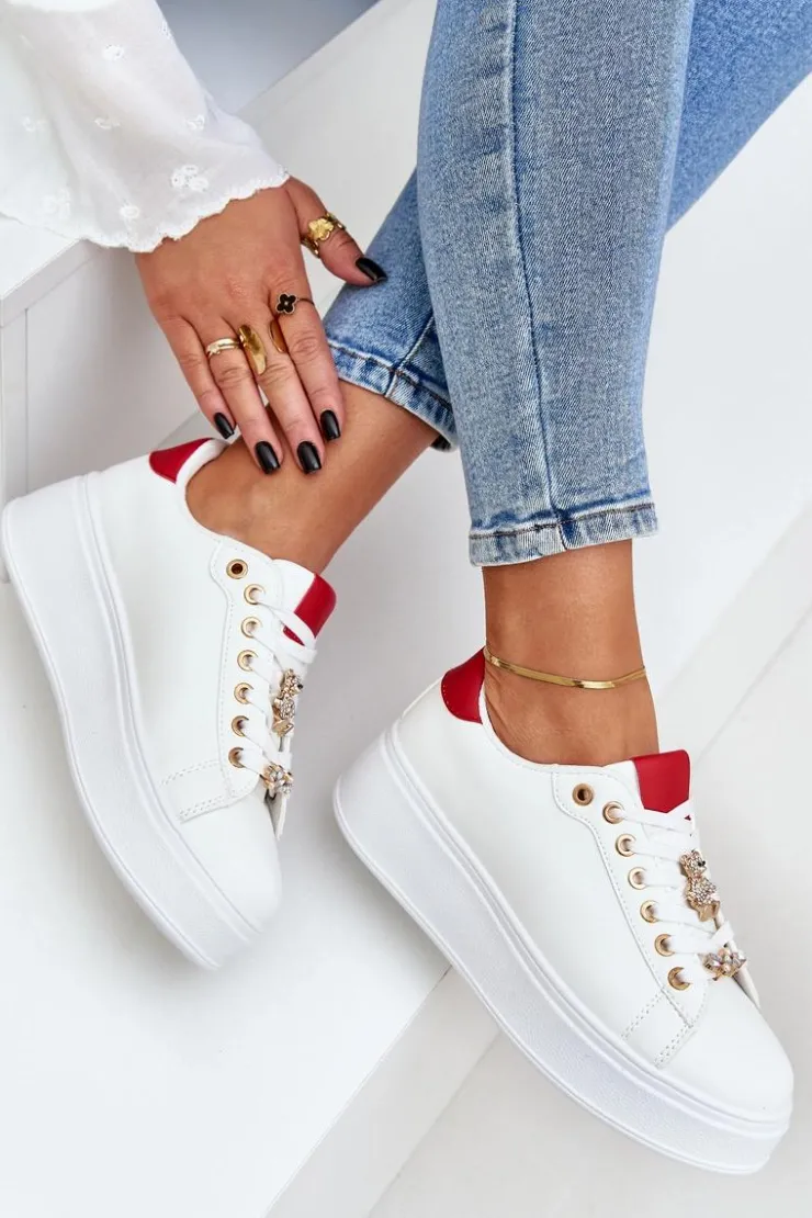 Boto Buty Sportowe Na Platformie|Sneakersy Damskie*Eko Skórzane Sneakersy Z Przypinkami Biało-Czerwone Enalirae
