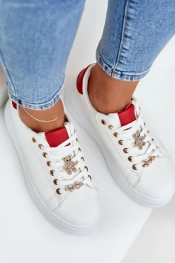 Boto Buty Sportowe Na Platformie|Sneakersy Damskie*Eko Skórzane Sneakersy Z Przypinkami Biało-Czerwone Enalirae