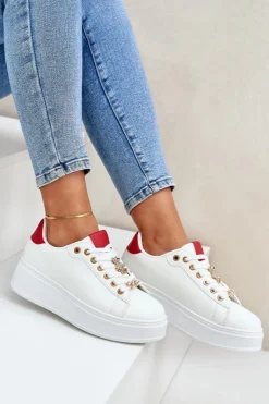 Boto Buty Sportowe Na Platformie|Sneakersy Damskie*Eko Skórzane Sneakersy Z Przypinkami Biało-Czerwone Enalirae