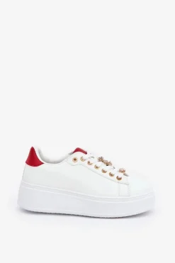 Boto Buty Sportowe Na Platformie|Sneakersy Damskie*Eko Skórzane Sneakersy Z Przypinkami Biało-Czerwone Enalirae