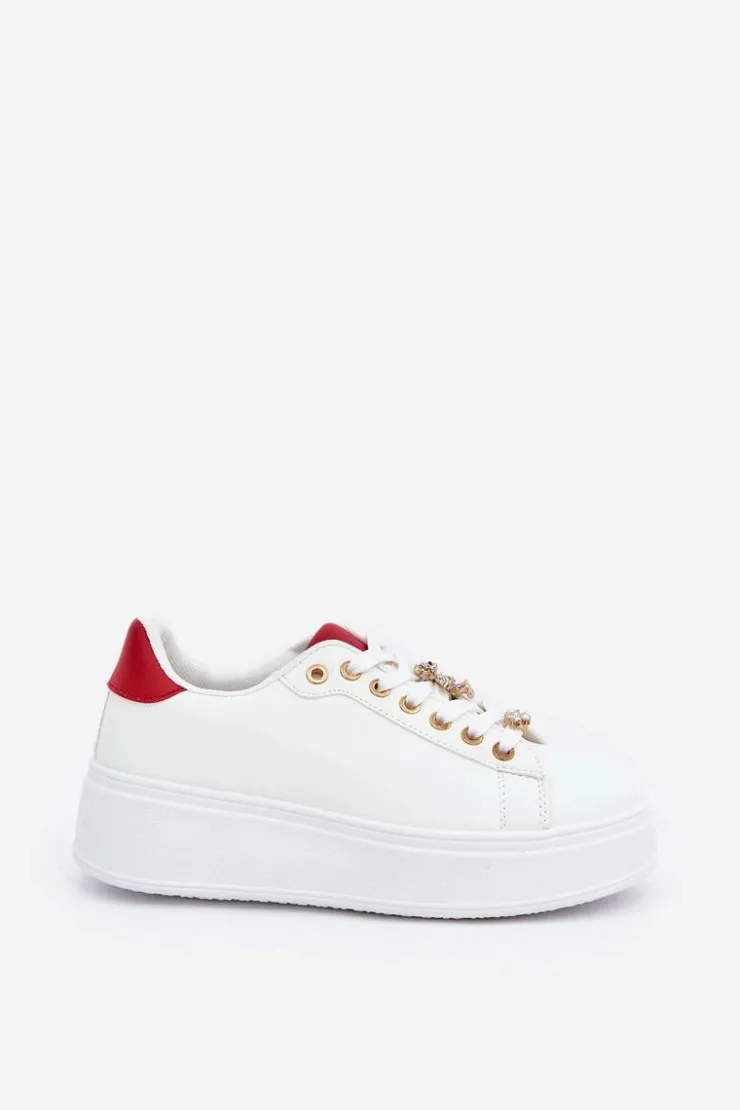 Boto Buty Sportowe Na Platformie|Sneakersy Damskie*Eko Skórzane Sneakersy Z Przypinkami Biało-Czerwone Enalirae