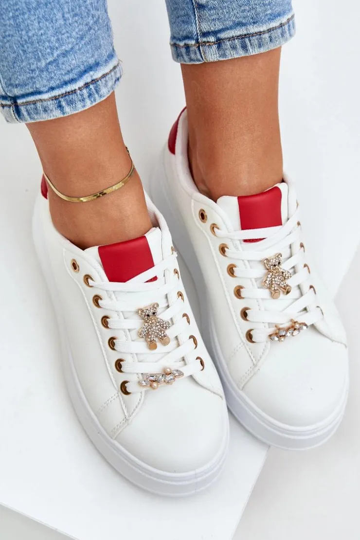 Boto Buty Sportowe Na Platformie|Sneakersy Damskie*Eko Skórzane Sneakersy Z Przypinkami Biało-Czerwone Enalirae