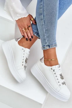 Sale Boto Eko Skórzane Sneakersy Z Przypinkami Biało-Srebrne Enalirae