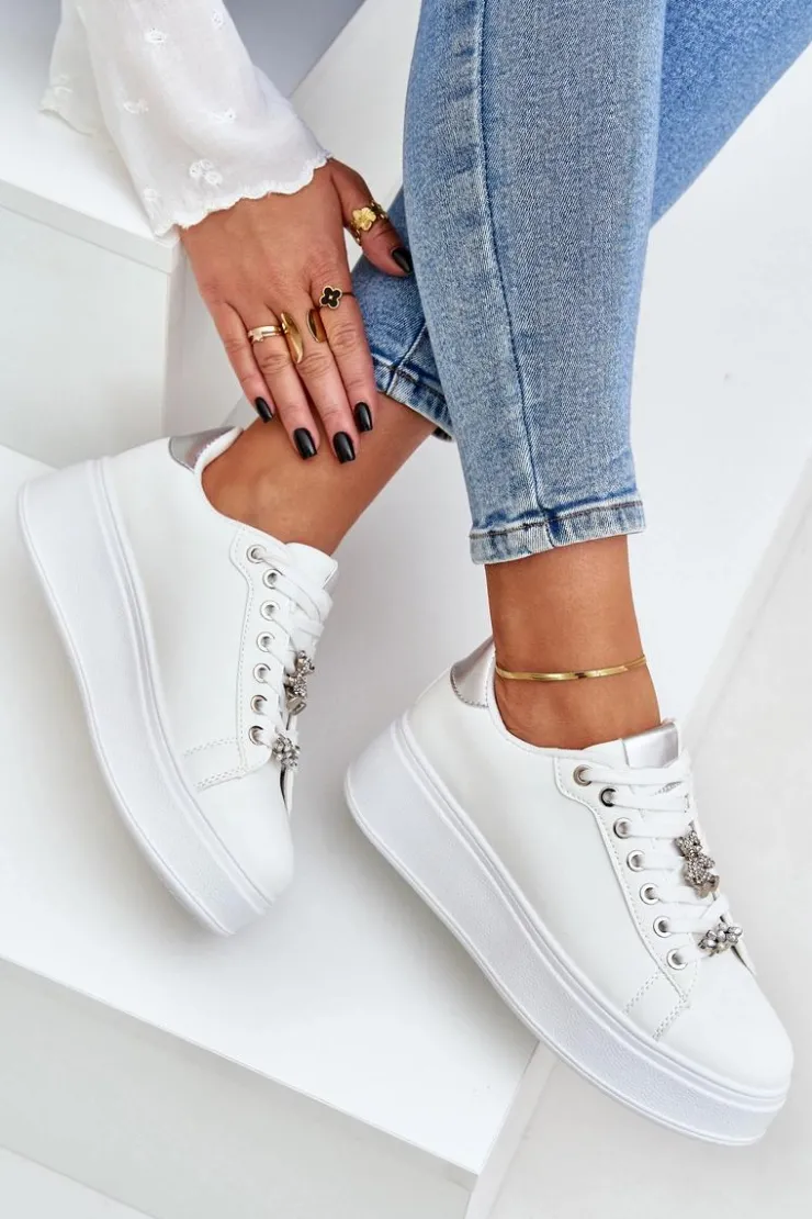 Sale Boto Eko Skórzane Sneakersy Z Przypinkami Biało-Srebrne Enalirae