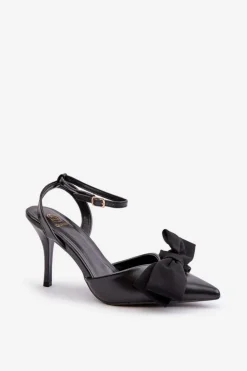 Damskie Boto Eko Skórzane Szpilki Z Kokardą Czarne Volamia