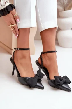 Damskie Boto Eko Skórzane Szpilki Z Kokardą Czarne Volamia