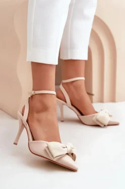 Damskie Boto Eko Skórzane Szpilki Z Kokardą Beżowe Volamia