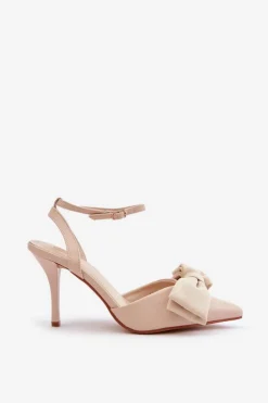 Damskie Boto Eko Skórzane Szpilki Z Kokardą Beżowe Volamia