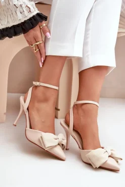 Damskie Boto Eko Skórzane Szpilki Z Kokardą Beżowe Volamia