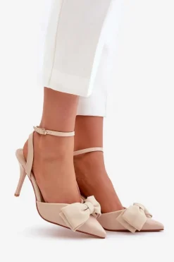 Damskie Boto Eko Skórzane Szpilki Z Kokardą Beżowe Volamia