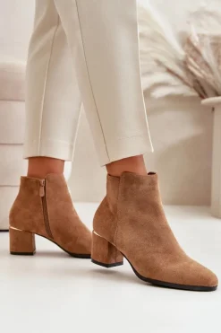 Damskie Boto Eko Zamszowe Botki Na Słupku Zapinane Na Zamek Camel Sairis