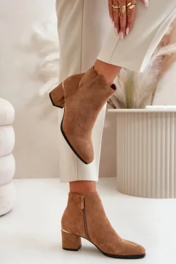 Damskie Boto Eko Zamszowe Botki Na Słupku Zapinane Na Zamek Camel Sairis