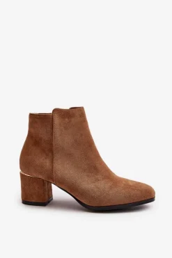 Damskie Boto Eko Zamszowe Botki Na Słupku Zapinane Na Zamek Camel Sairis