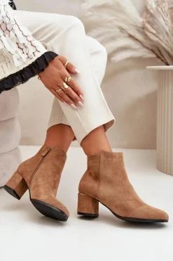 Damskie Boto Eko Zamszowe Botki Na Słupku Zapinane Na Zamek Camel Sairis