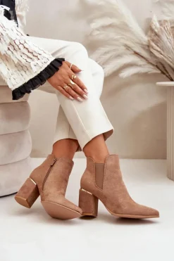 Boto Brązowe I Beżowe Botki|Botki Na Obcasie*Eko Zamszowe Botki Na Słupku Ocieplane Brązowe Daivine