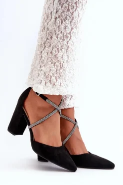 Boto Czółenka Zamszowe|Czółenka Na Słupku*Eko Zamszowe Czółenka Na Słupku Z Cyrkoniami Czarne Lagra