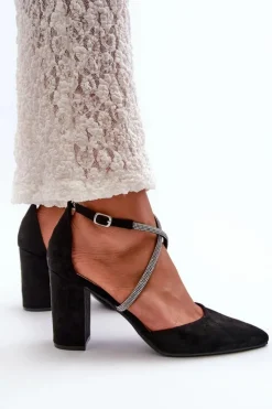 Boto Czółenka Zamszowe|Czółenka Na Słupku*Eko Zamszowe Czółenka Na Słupku Z Cyrkoniami Czarne Lagra