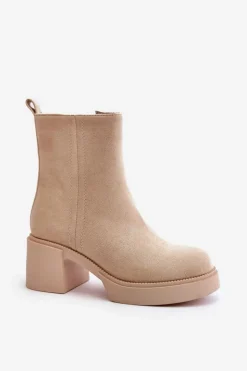 Damskie Boto Eko Zamszowe Damskie Botki Na Słupku Ocieplane Jasnobeżowe Meriluna II-gat