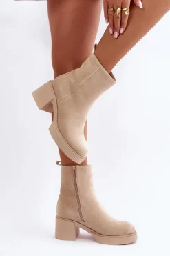 Damskie Boto Eko Zamszowe Damskie Botki Na Słupku Ocieplane Jasnobeżowe Meriluna II-gat